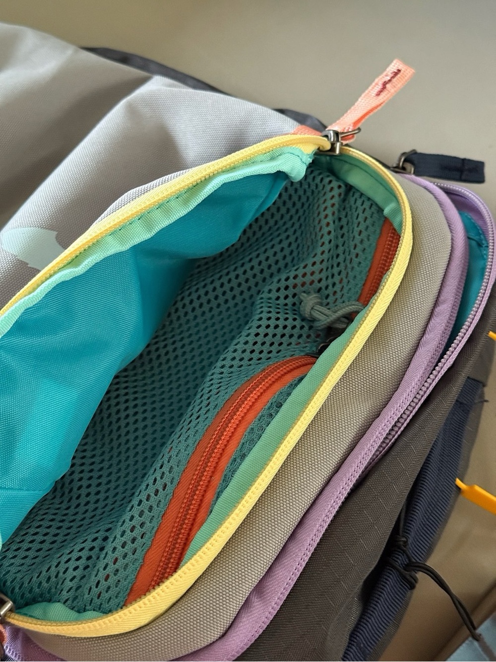 cotopaxi gray backpack with purple, yellow, mint and orange trim - Picture 3 of 6